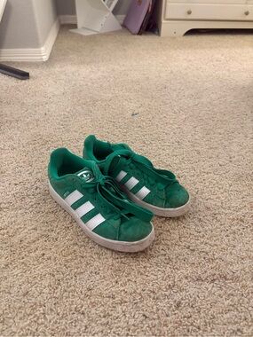 adidas Kids Green Suede Sneakers with White Stripes